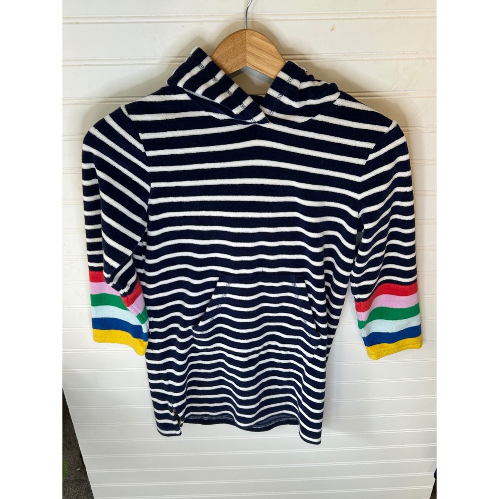 Boden Kids Navy White Striped Toweling Hoodie Rainbow Cuffs Size 8-9Y 134cm